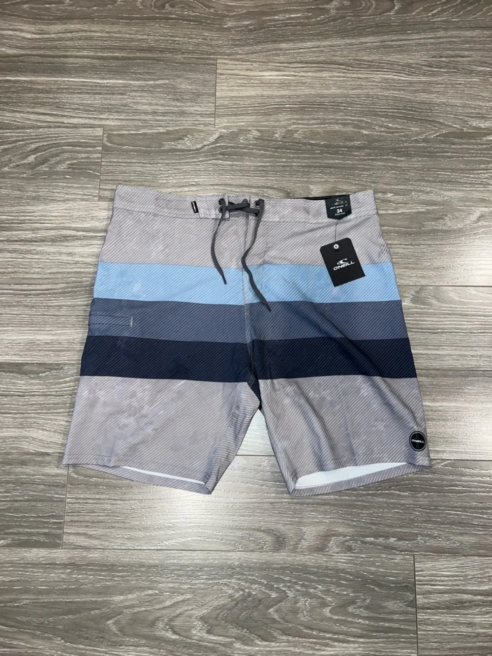 O'Neill Men's Gray Swim Board Shorts with Blue Stripes- Hyperfreak